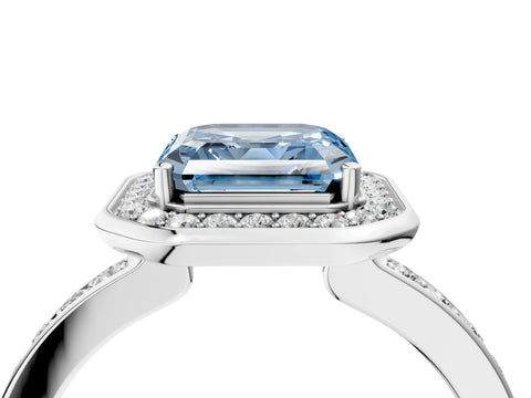 White gold Fancy Blue Asscher Cut Diamond Halo Ring with Bezel Frame and Pavé Band_4