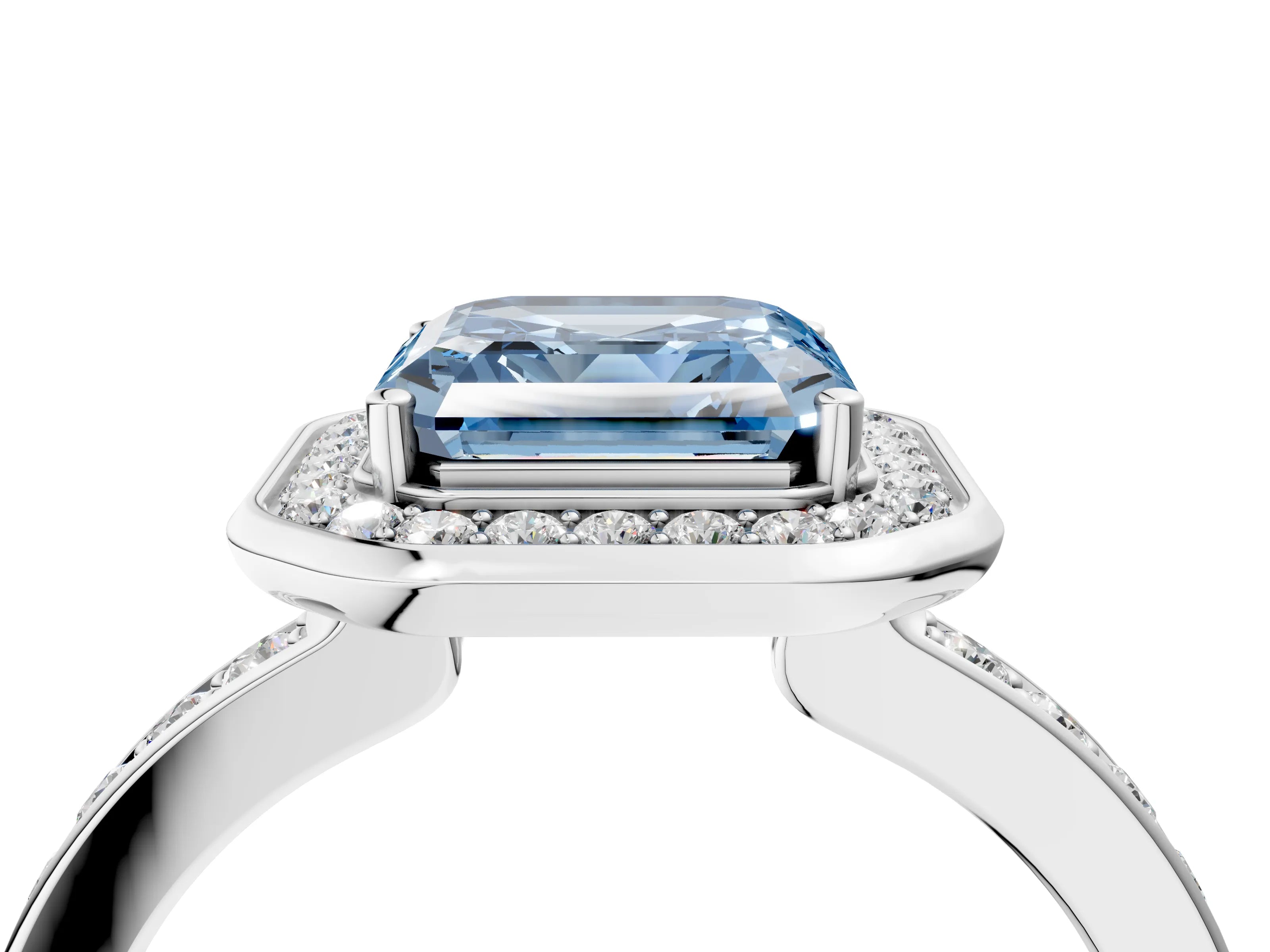 White gold Fancy Blue Asscher Cut Diamond Halo Ring with Bezel Frame and Pavé Band_4