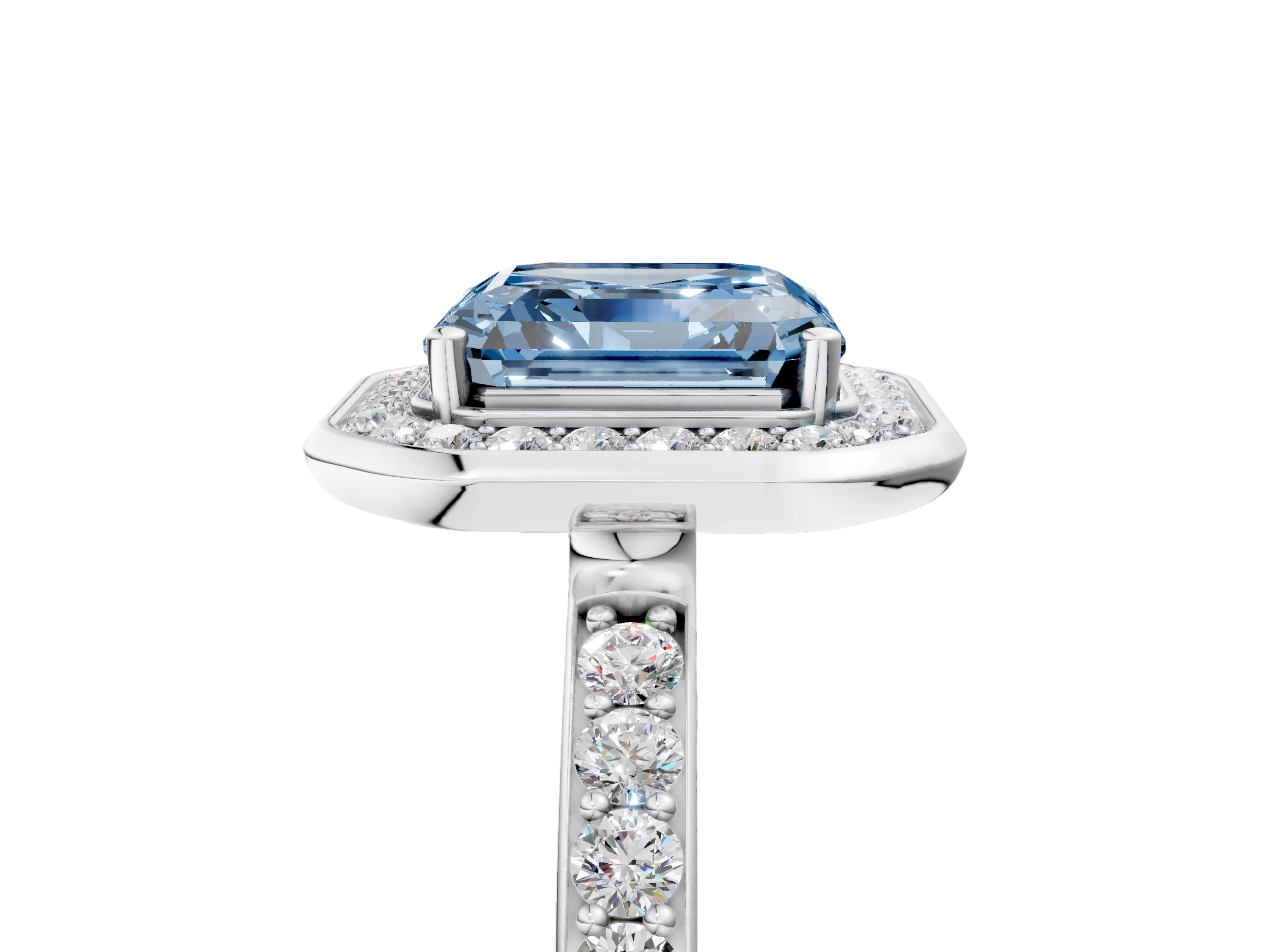 White gold Fancy Blue Asscher Cut Diamond Halo Ring with Bezel Frame and Pavé Band_5