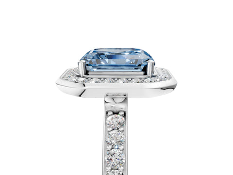 White gold Fancy Blue Asscher Cut Diamond Halo Ring with Bezel Frame and Pavé Band_5