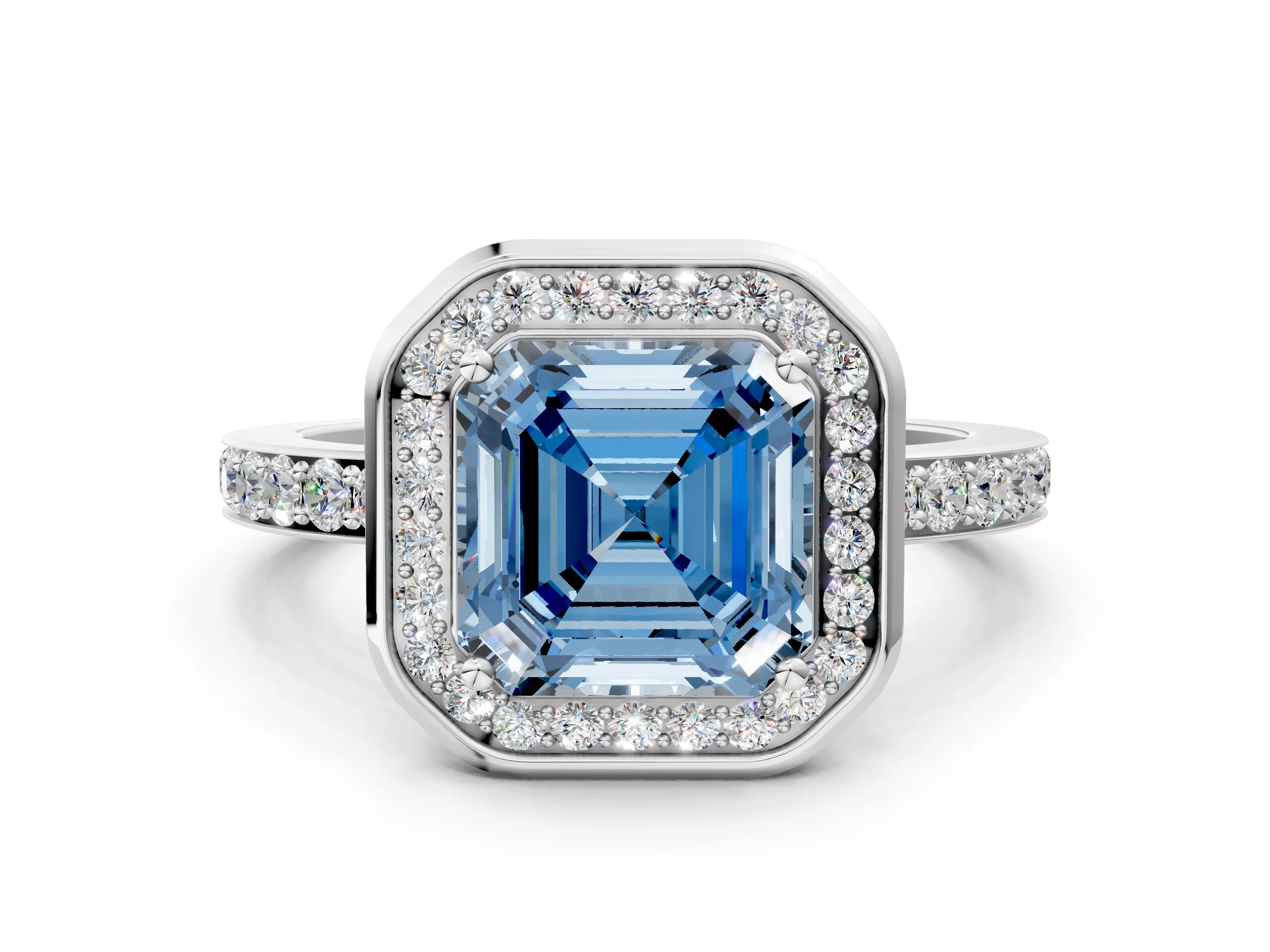 White gold Fancy Blue Asscher Cut Diamond Halo Ring with Bezel Frame and Pavé Band