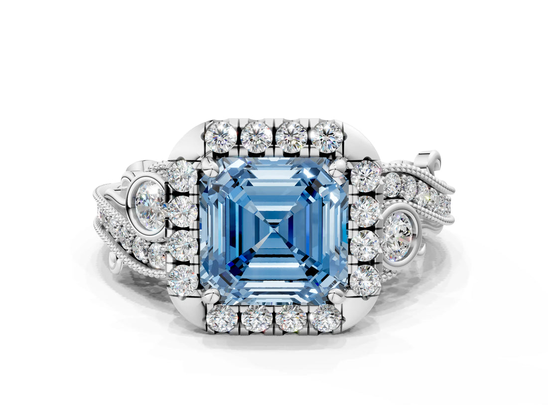 White gold Fancy Blue Asscher Cut Diamond Halo Ring with Milgrain Pavé Band and Four-Prong Setting_130