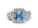 White gold Fancy Blue Asscher Cut Diamond Halo Ring with Milgrain Pavé Band and Four-Prong Setting_134