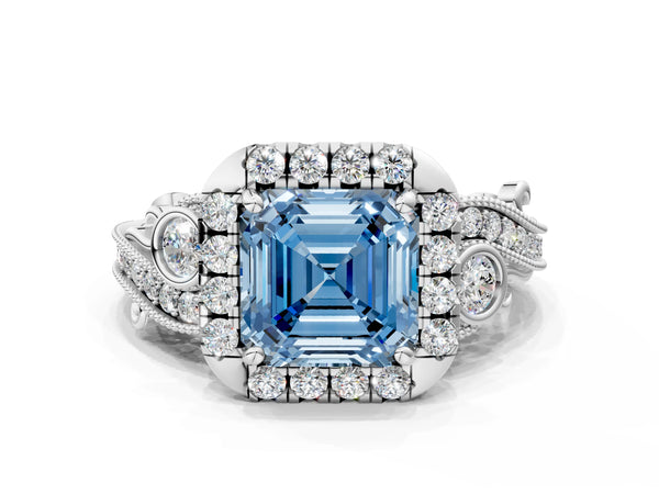 White gold Fancy Blue Asscher Cut Diamond Halo Ring with Milgrain Pavé Band and Four-Prong Setting