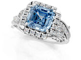 White gold Fancy Blue Asscher Cut Diamond Halo Ring with Milgrain Pavé Band and Four-Prong Setting_135
