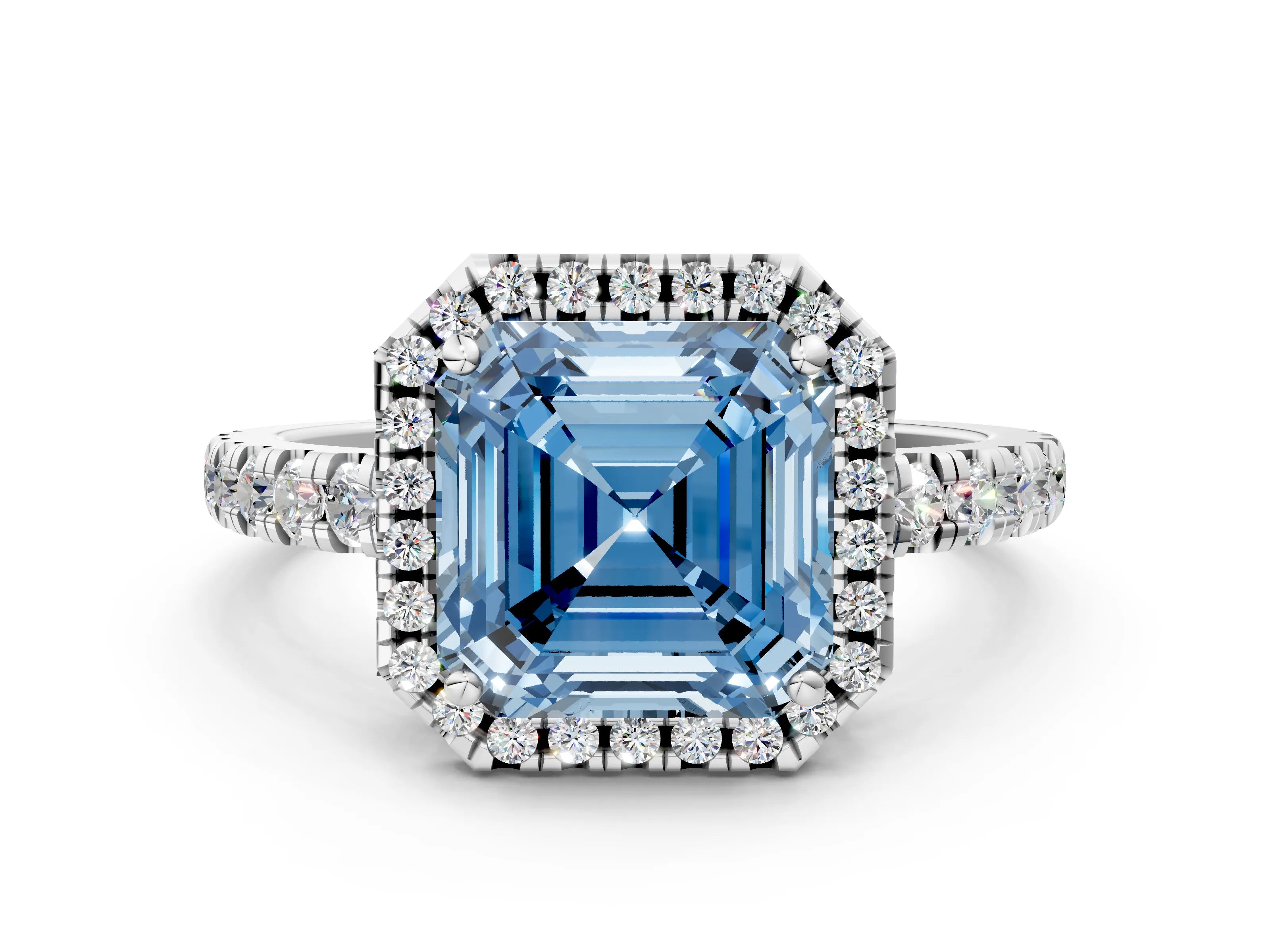 White gold Fancy Blue Asscher Cut Diamond Halo Ring with Pavé Band and Four-Prong Setting