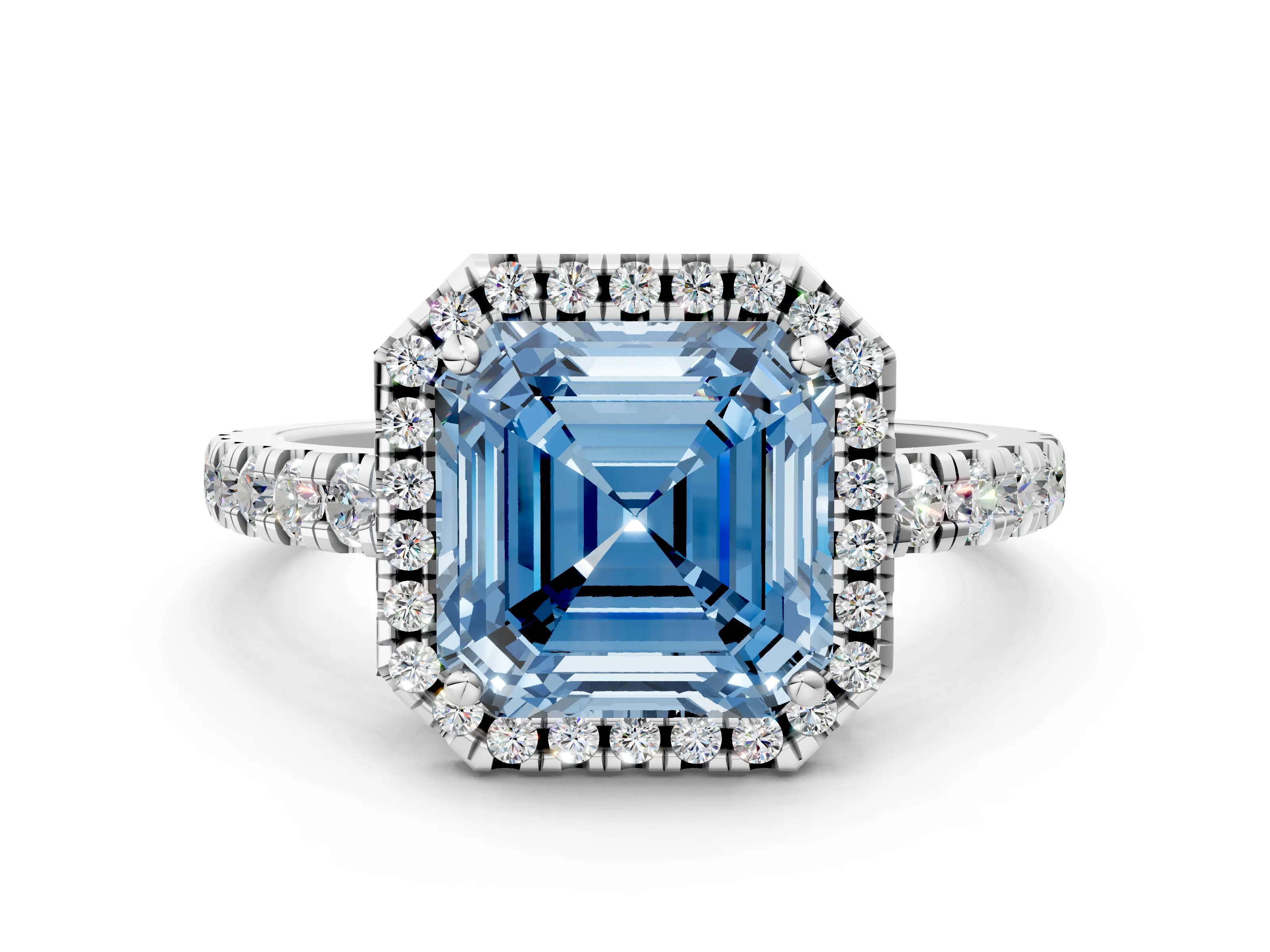 White gold Fancy Blue Asscher Cut Diamond Halo Ring with Pavé Band and Four-Prong Setting_12