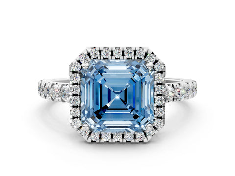 White gold Fancy Blue Asscher Cut Diamond Halo Ring with Pavé Band and Four-Prong Setting_12