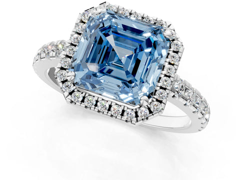 White gold Fancy Blue Asscher Cut Diamond Halo Ring with Pavé Band and Four-Prong Setting_13
