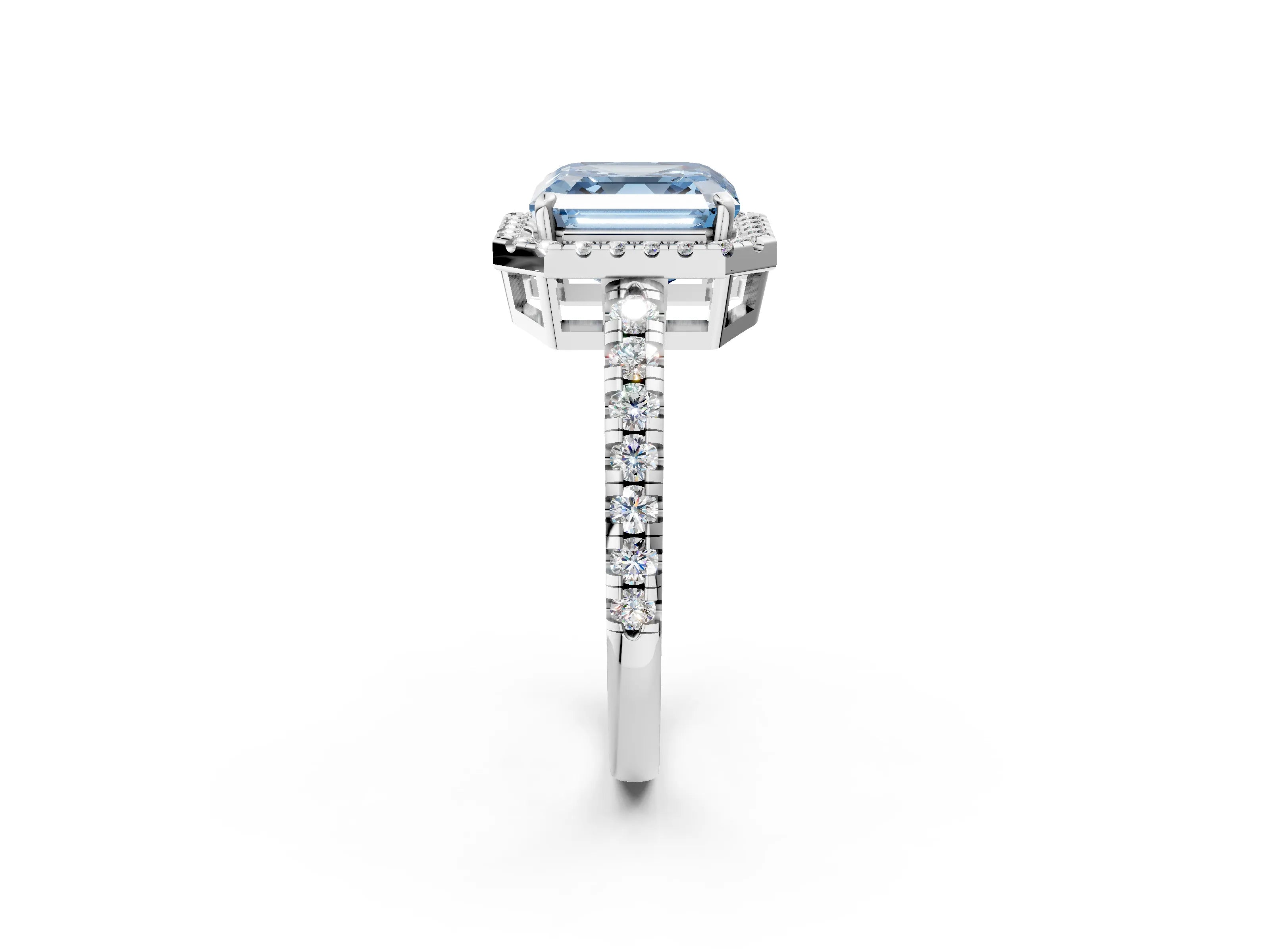 White gold Fancy Blue Asscher Cut Diamond Halo Ring with Pavé Band and Four-Prong Setting_14