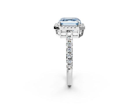 White gold Fancy Blue Asscher Cut Diamond Halo Ring with Pavé Band and Four-Prong Setting_14