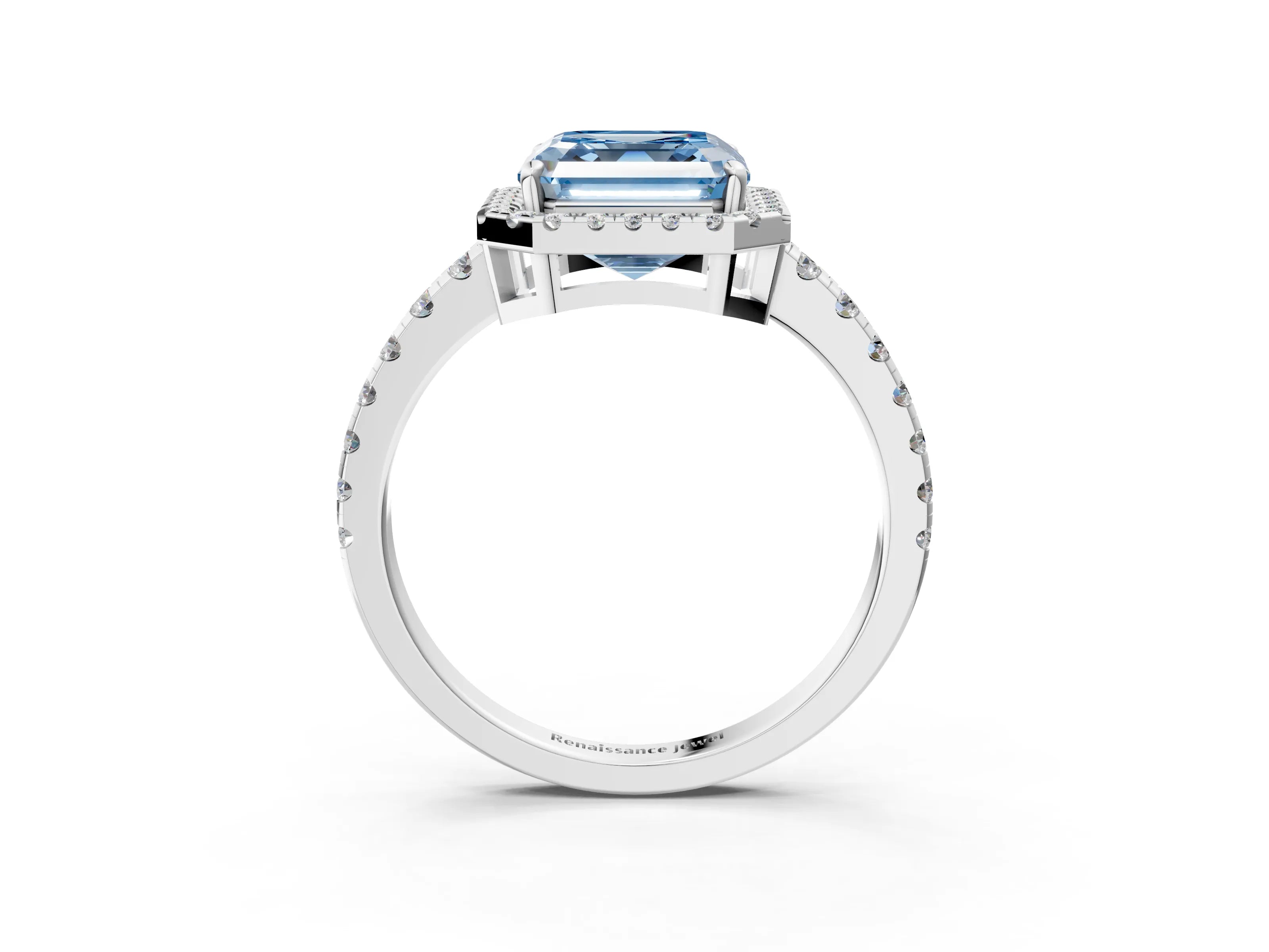 White gold Fancy Blue Asscher Cut Diamond Halo Ring with Pavé Band and Four-Prong Setting_15