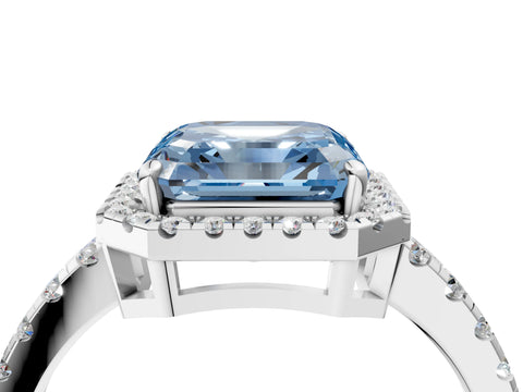 White gold Fancy Blue Asscher Cut Diamond Halo Ring with Pavé Band and Four-Prong Setting_16