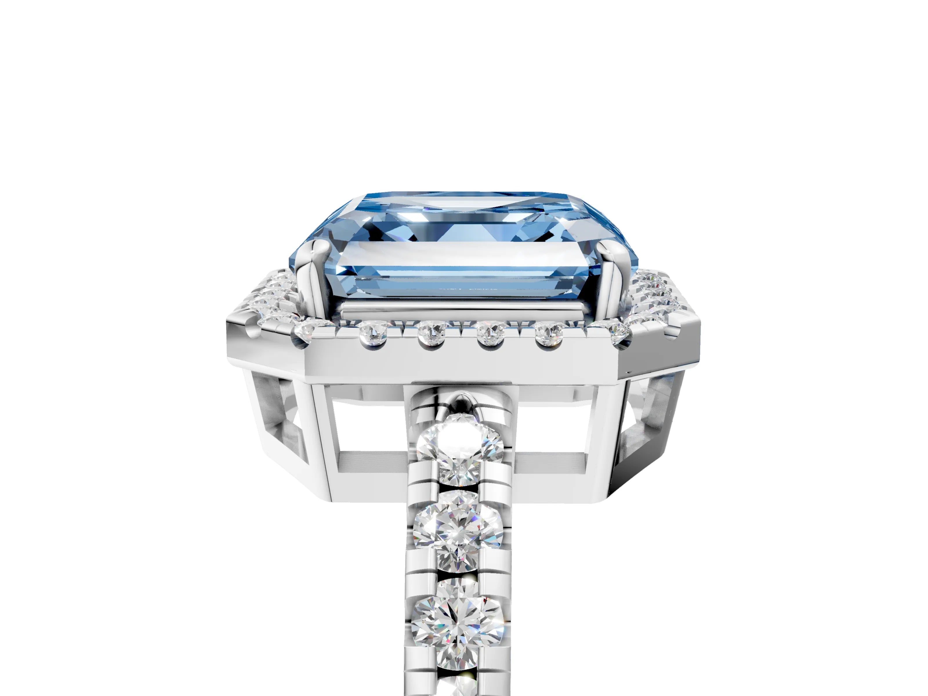 White gold Fancy Blue Asscher Cut Diamond Halo Ring with Pavé Band and Four-Prong Setting_17