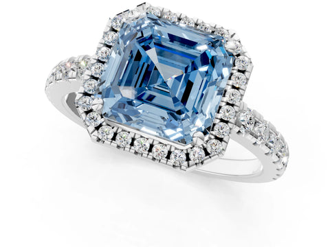 White gold Fancy Blue Asscher Cut Diamond Halo Ring with Pavé Band and Four-Prong Setting_1
