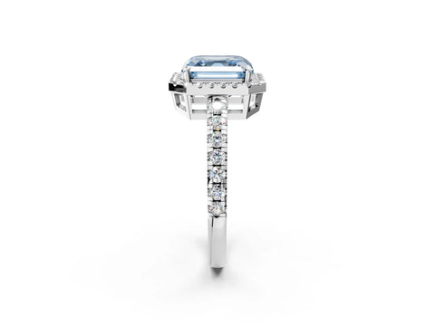 White gold Fancy Blue Asscher Cut Diamond Halo Ring with Pavé Band and Four-Prong Setting_2
