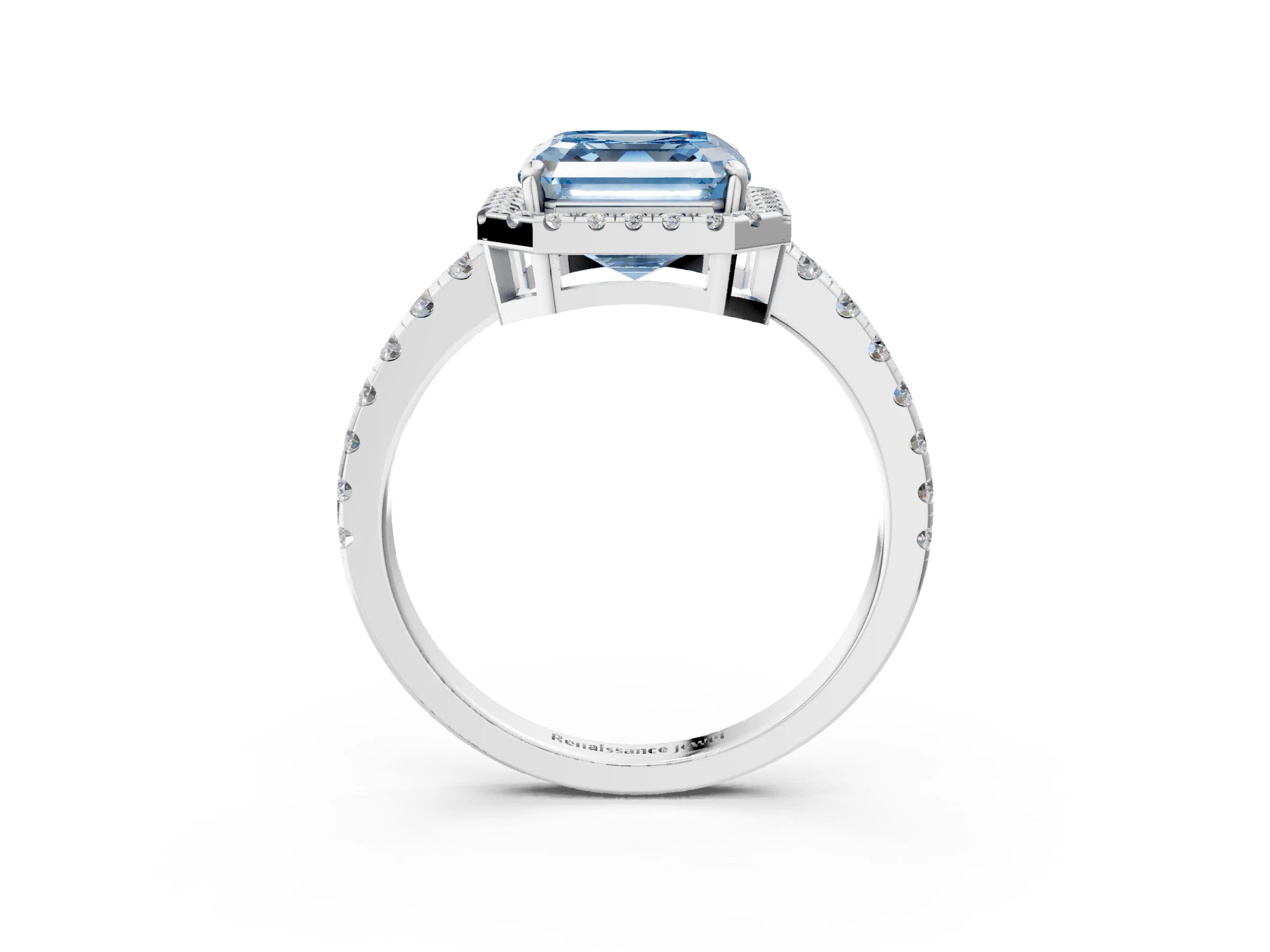 White gold Fancy Blue Asscher Cut Diamond Halo Ring with Pavé Band and Four-Prong Setting_3