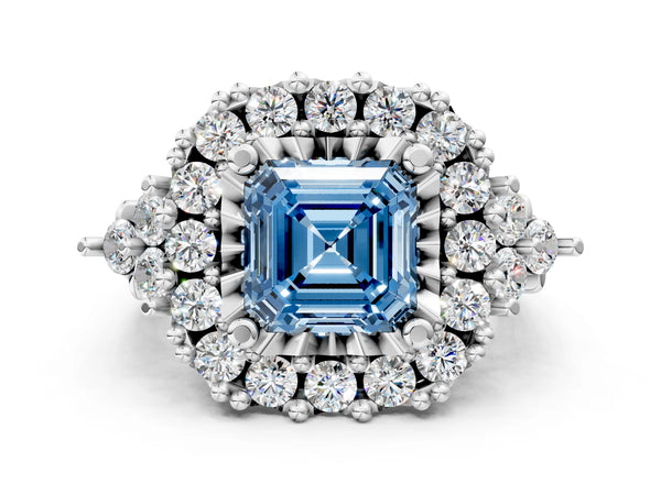Platinum Fancy Blue Asscher Cut Diamond Halo Ring with Pavé Band and Four-Prong Setting