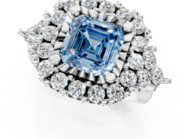Platinum Fancy Blue Asscher Cut Diamond Halo Ring with Pavé Band and Four-Prong Setting