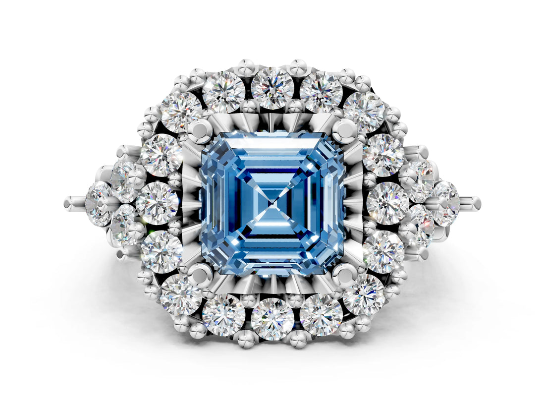 White gold Fancy Blue Asscher Cut Diamond Halo Ring with Pavé Band and Four-Prong Setting_47