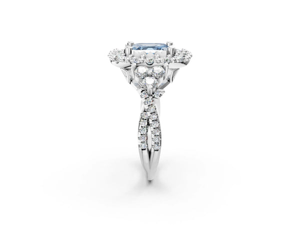 Platinum Fancy Blue Asscher Cut Diamond Halo Ring with Pavé Band and Four-Prong Setting