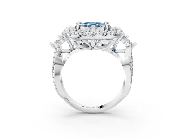 Platinum Fancy Blue Asscher Cut Diamond Halo Ring with Pavé Band and Four-Prong Setting