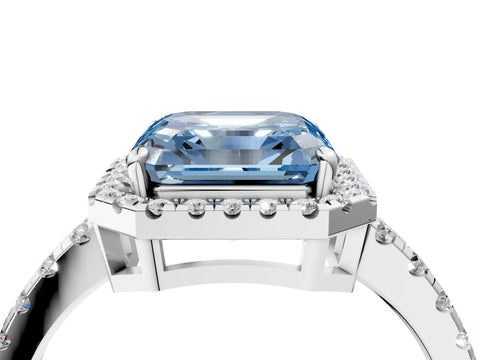 White gold Fancy Blue Asscher Cut Diamond Halo Ring with Pavé Band and Four-Prong Setting_4