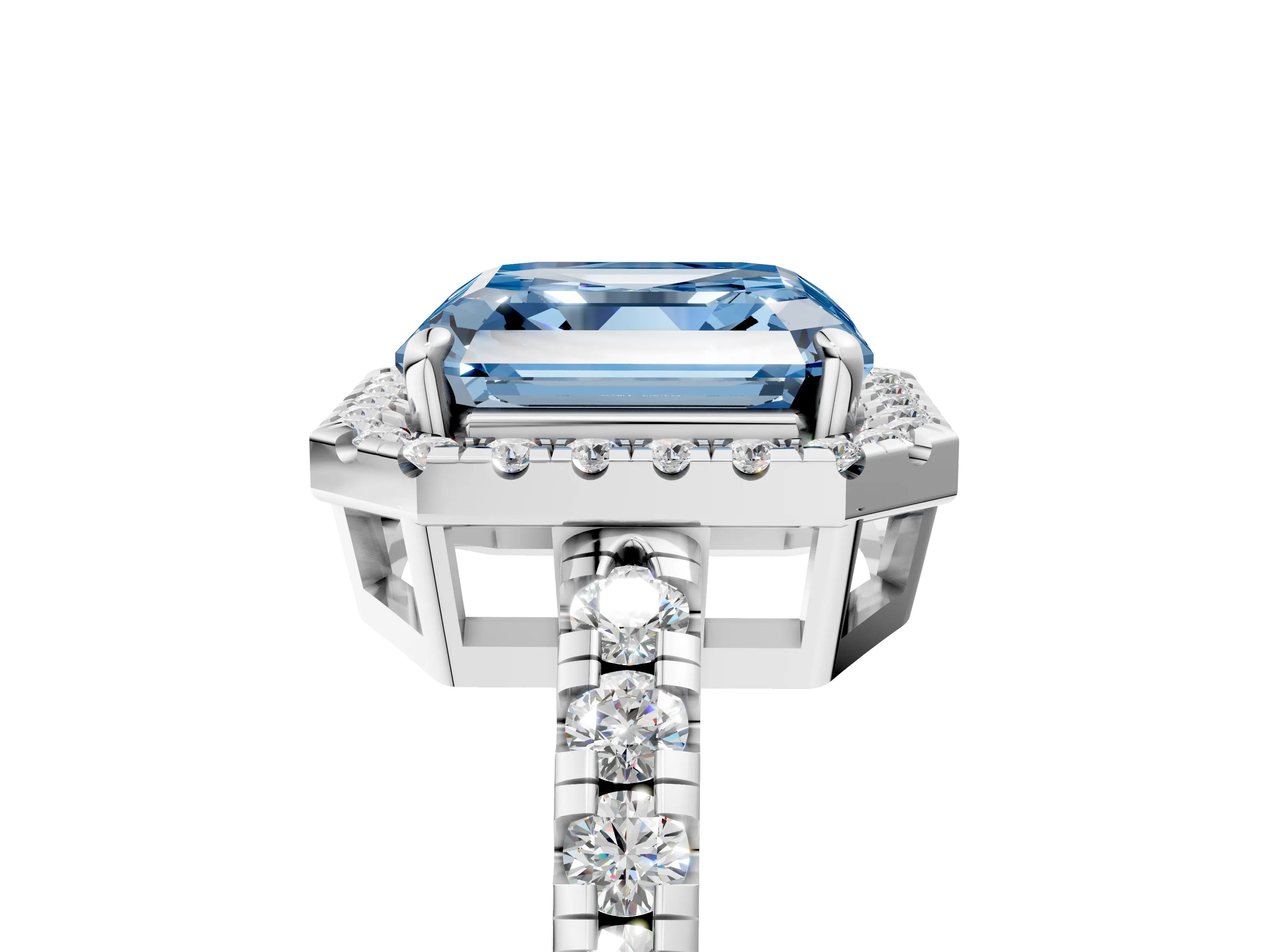 White gold Fancy Blue Asscher Cut Diamond Halo Ring with Pavé Band and Four-Prong Setting_5