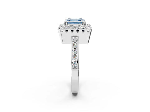 White gold Fancy Blue Asscher Cut Diamond Halo Ring with Pavé Band and Prong Setting_26