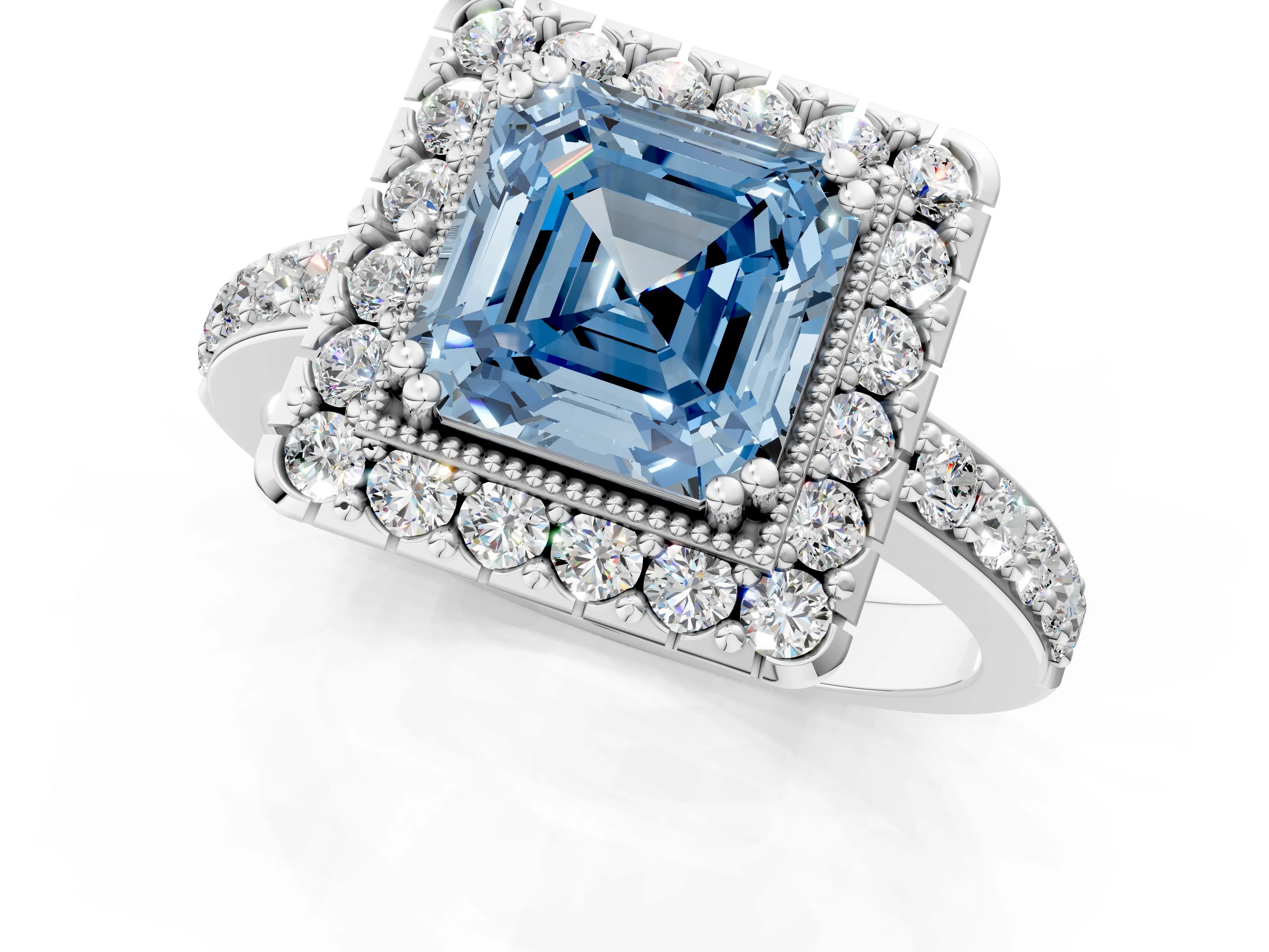 White gold Fancy Blue Asscher Cut Diamond Halo Ring with Pavé Band and Prong Setting_37