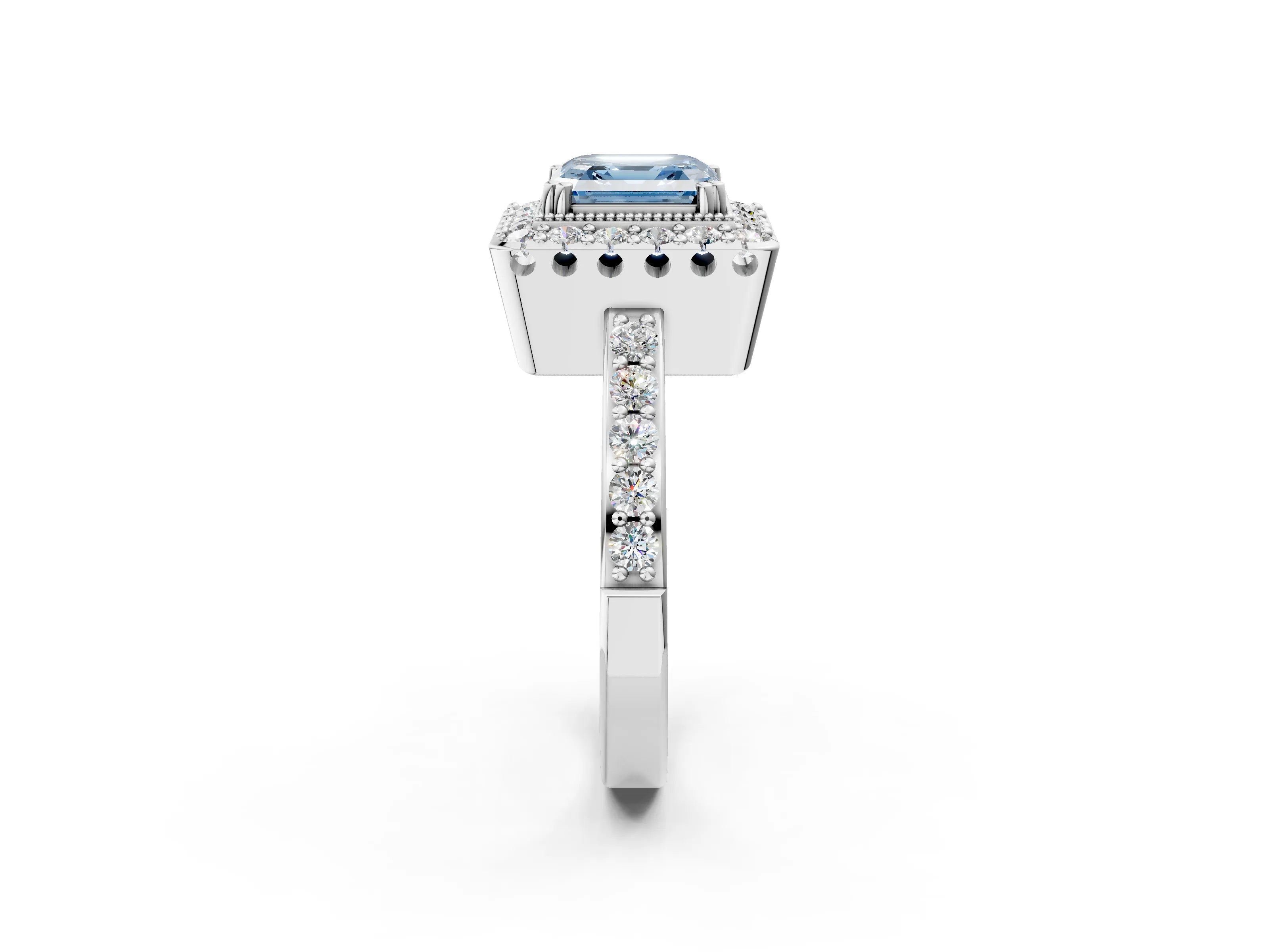 White gold Fancy Blue Asscher Cut Diamond Halo Ring with Pavé Band and Prong Setting_38