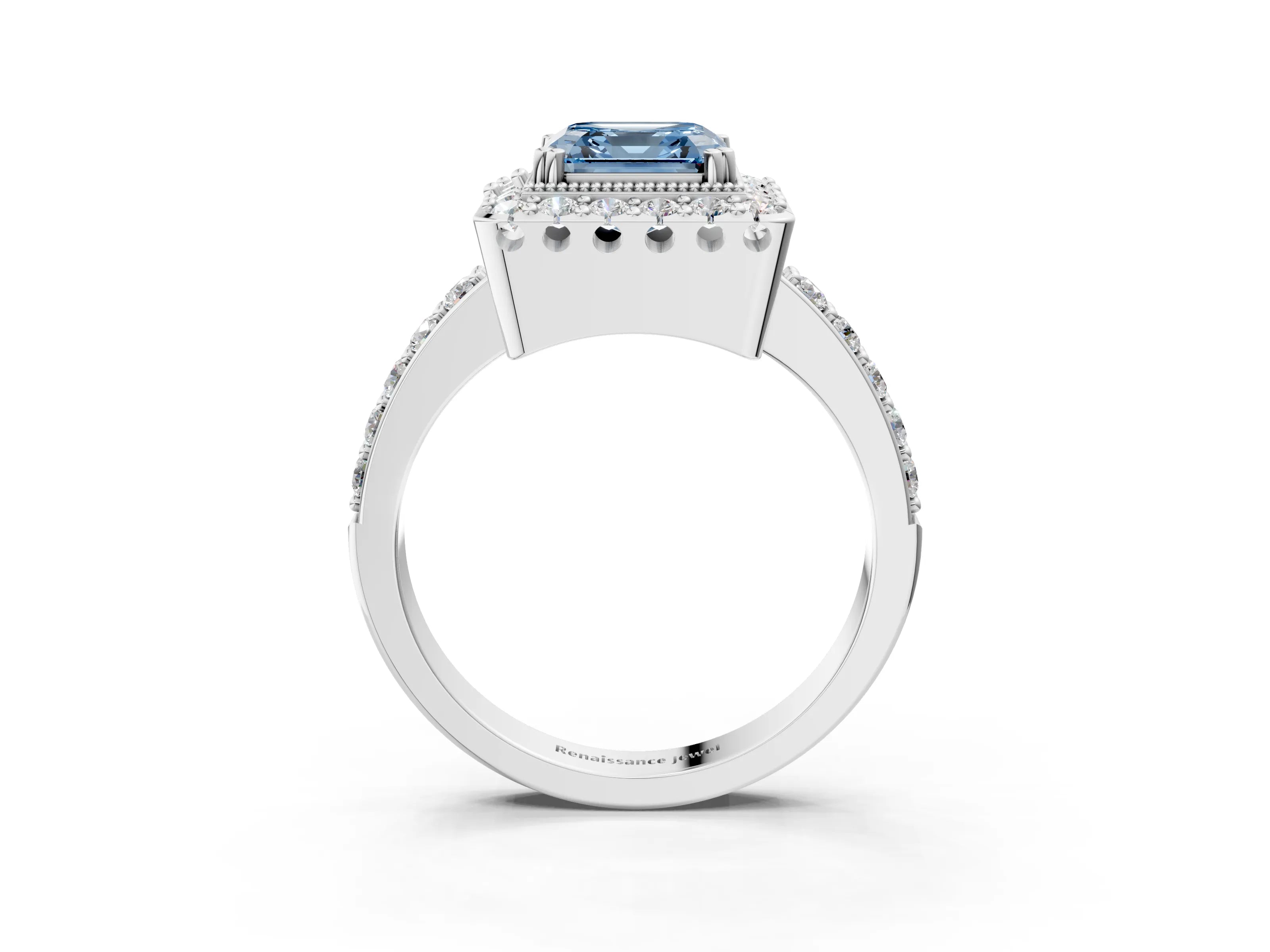 White gold Fancy Blue Asscher Cut Diamond Halo Ring with Pavé Band and Prong Setting_39