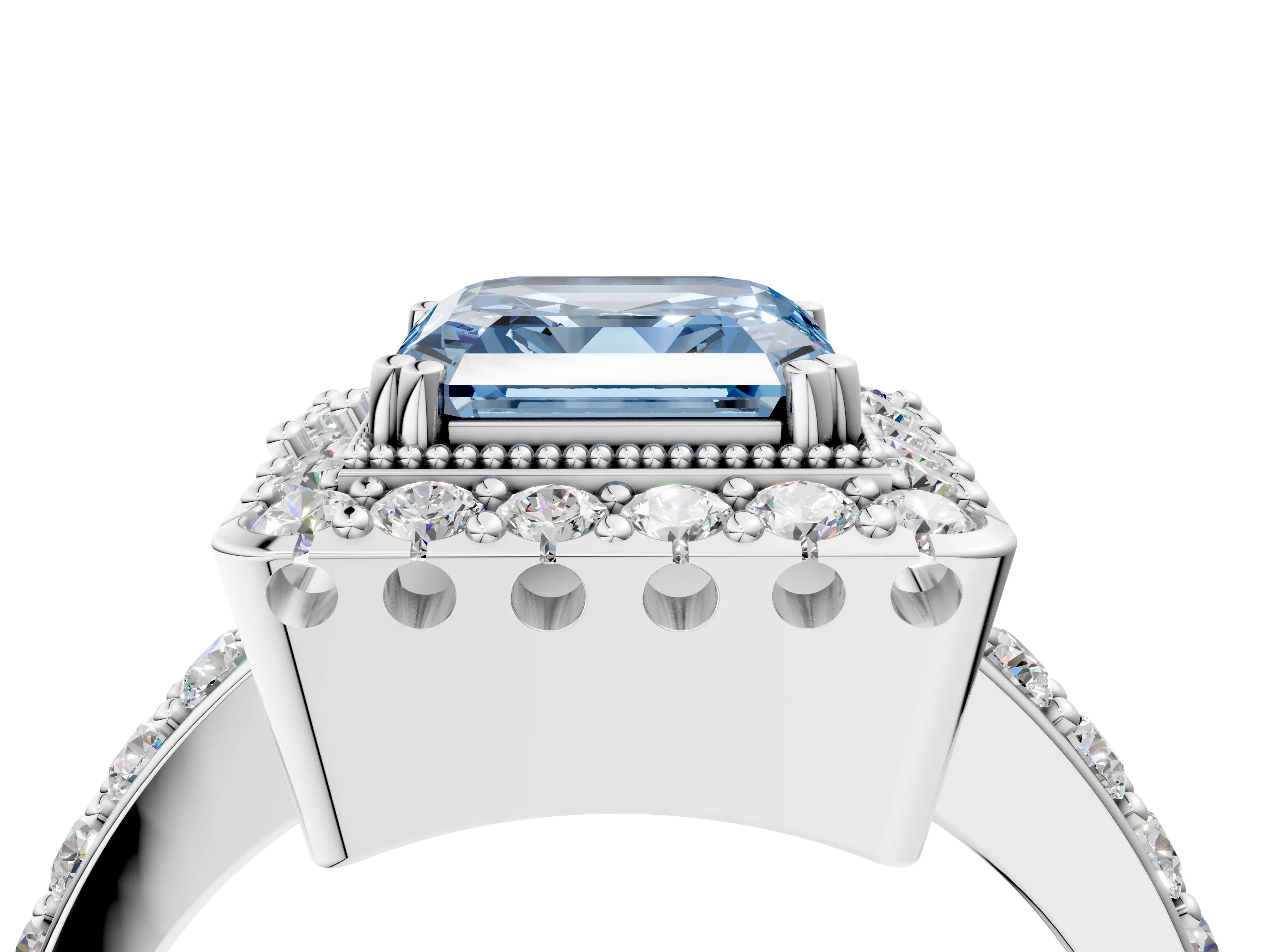 White gold Fancy Blue Asscher Cut Diamond Halo Ring with Pavé Band and Prong Setting_40