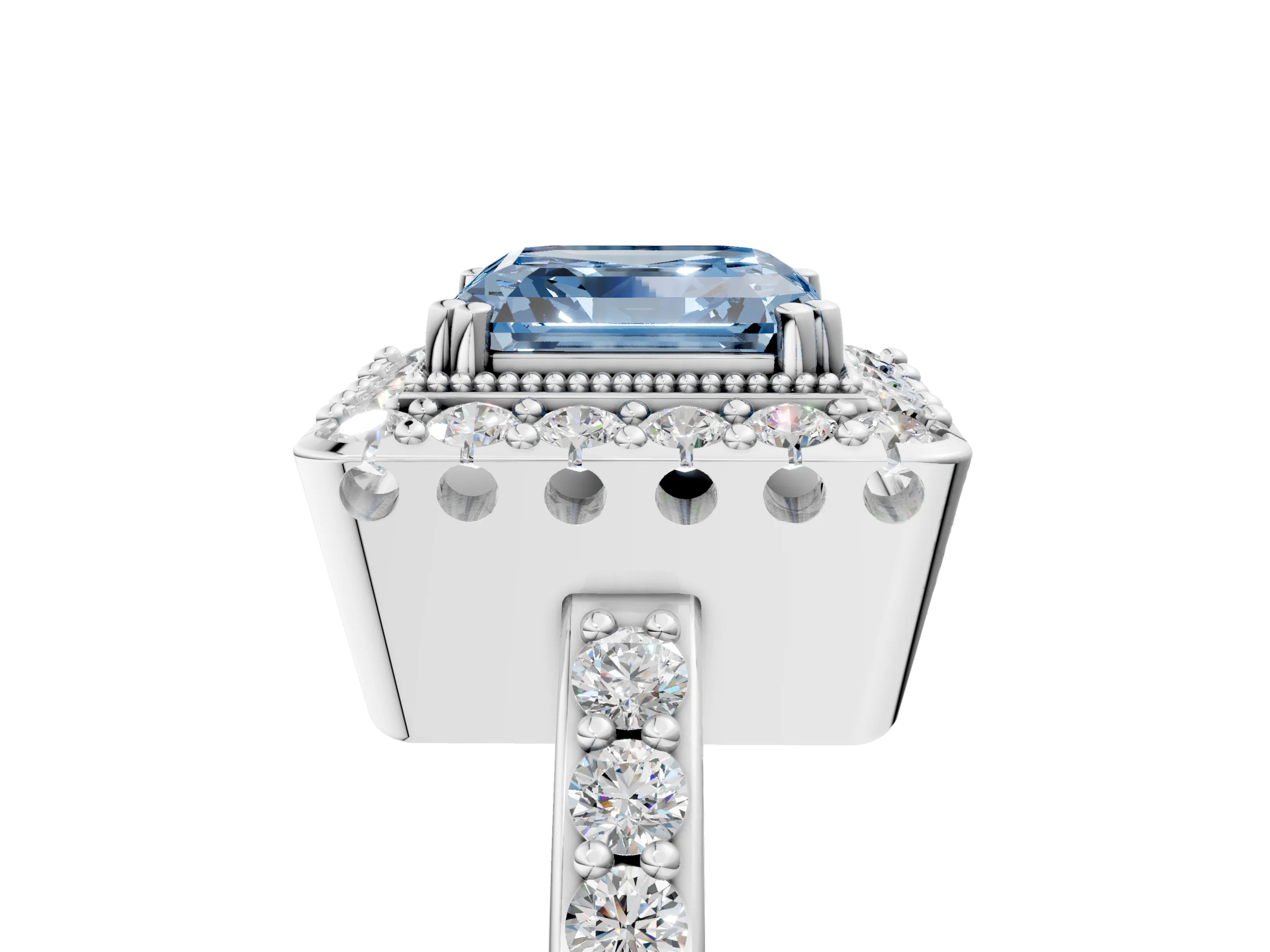 White gold Fancy Blue Asscher Cut Diamond Halo Ring with Pavé Band and Prong Setting_41