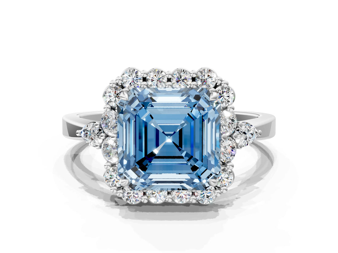 White gold Fancy Blue Asscher Cut Diamond Halo Ring with Pear Side Stones and Prong Setting_57