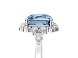 White gold Fancy Blue Asscher Cut Diamond Halo Ring with Pear Side Stones and Prong Setting_63