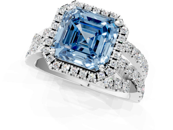 White Gold Asscher Cut Halo Twist Engagement Ring Setting for Fancy Blue Center