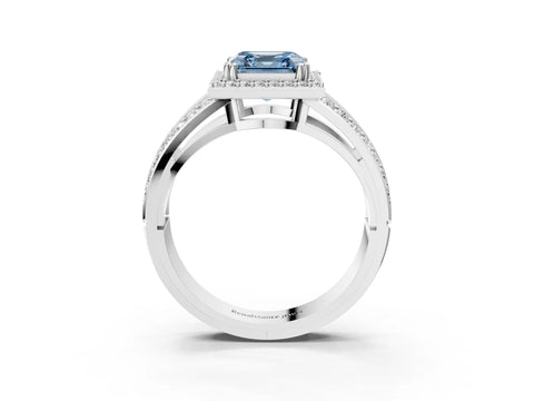 White gold Fancy Blue Asscher Cut Diamond Halo Ring with Split Shank Pavé Band and Four-Prong Setting_15
