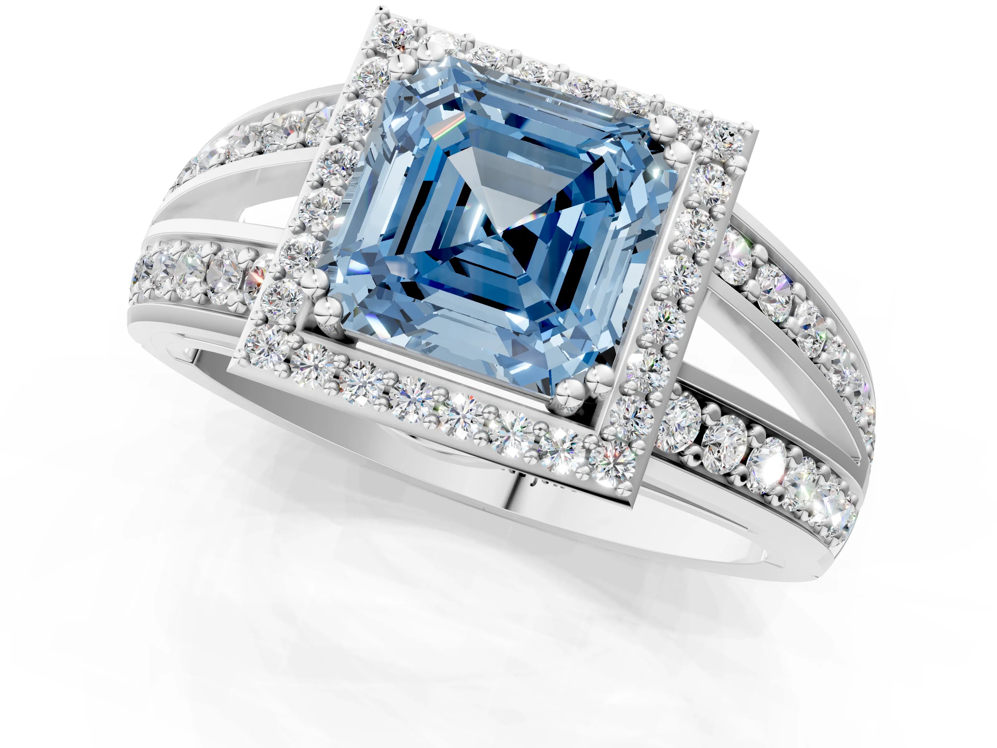 White gold Fancy Blue Asscher Cut Diamond Halo Ring with Split Shank Pavé Band and Four-Prong Setting_1