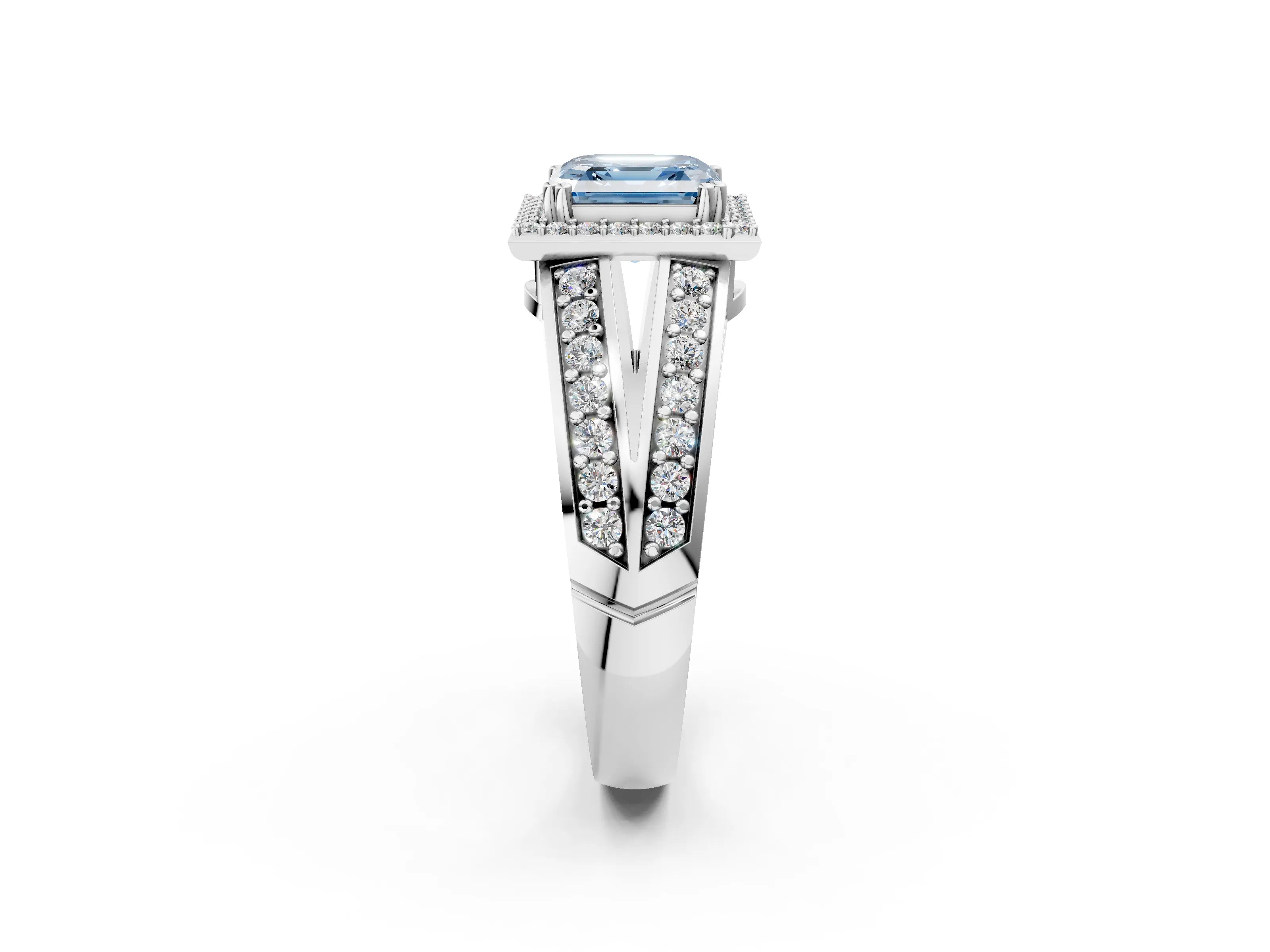 White gold Fancy Blue Asscher Cut Diamond Halo Ring with Split Shank Pavé Band and Four-Prong Setting_2