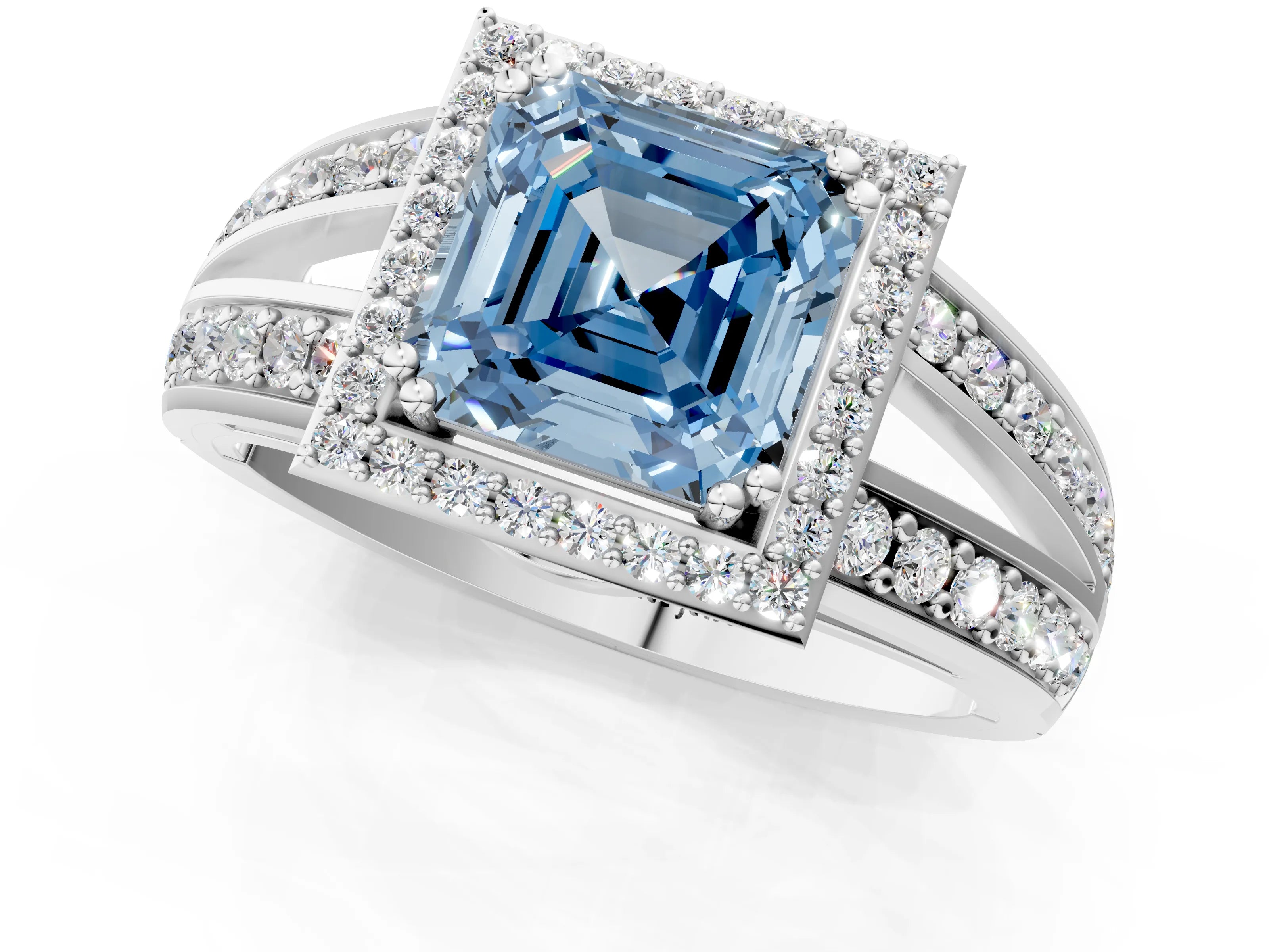 White gold Fancy Blue Asscher Cut Diamond Halo Ring with Split Shank Pavé Band and Four-Prong Setting_25