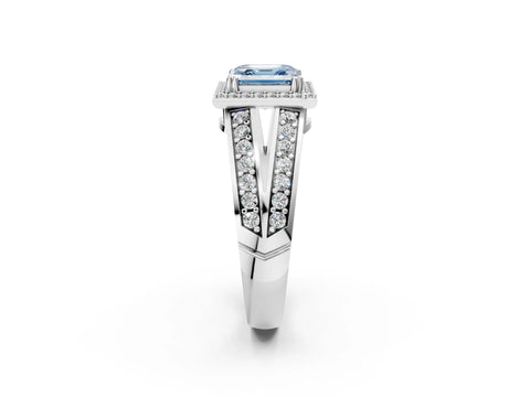 White gold Fancy Blue Asscher Cut Diamond Halo Ring with Split Shank Pavé Band and Four-Prong Setting_26