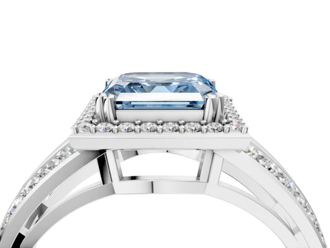 White gold Fancy Blue Asscher Cut Diamond Halo Ring with Split Shank Pavé Band and Four-Prong Setting_28