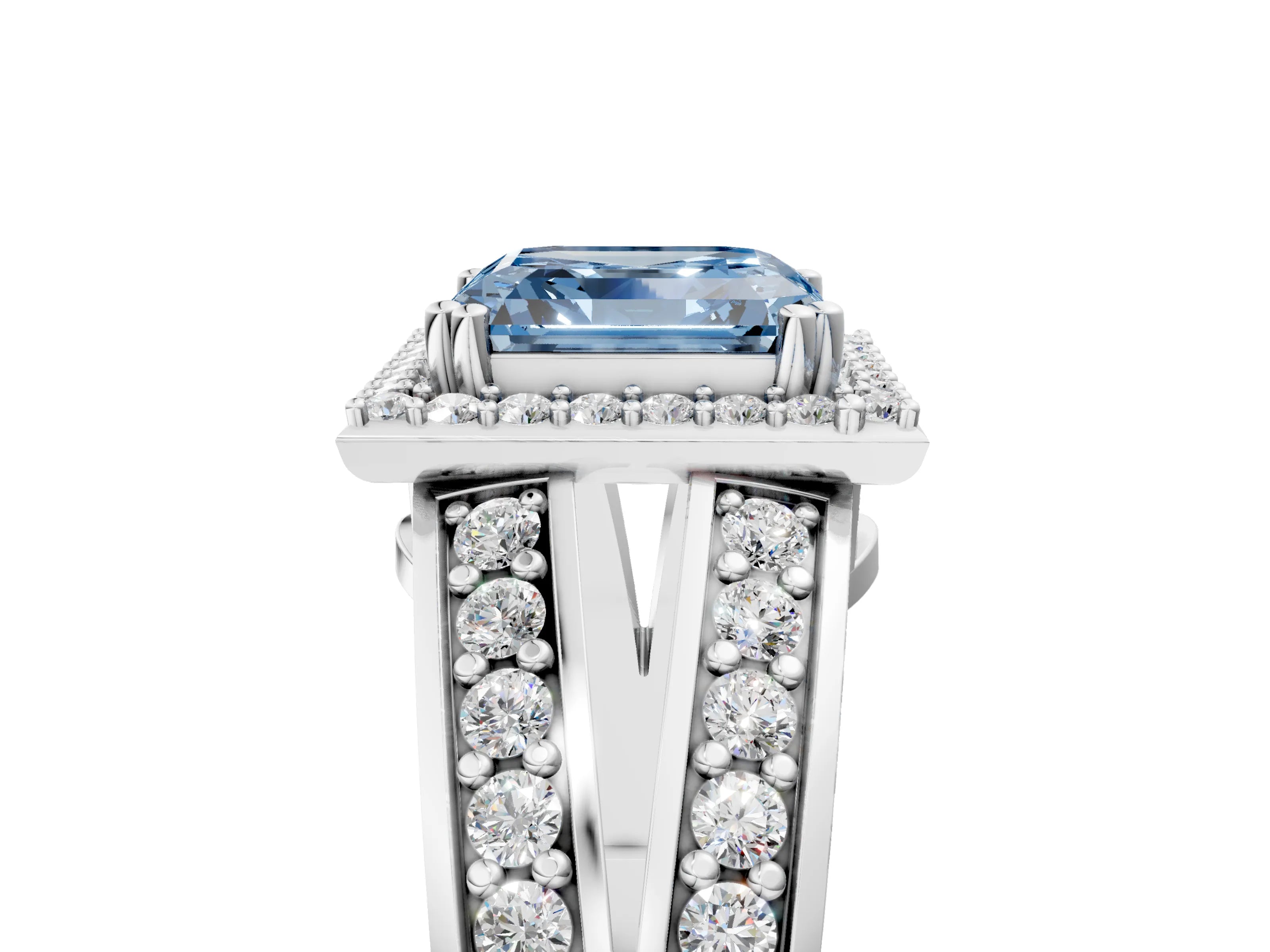 White gold Fancy Blue Asscher Cut Diamond Halo Ring with Split Shank Pavé Band and Four-Prong Setting_29