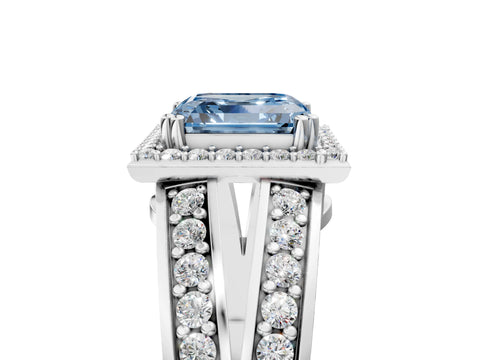 White gold Fancy Blue Asscher Cut Diamond Halo Ring with Split Shank Pavé Band and Four-Prong Setting_29