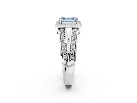 White gold Fancy Blue Asscher Cut Diamond Halo Ring with Split Shank Pavé Band and Four-Prong Setting_2