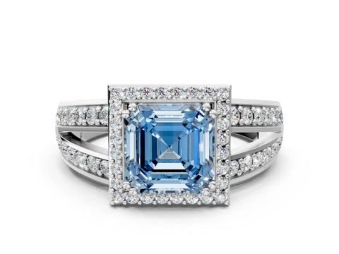 White gold Fancy Blue Asscher Cut Diamond Halo Ring with Split Shank Pavé Band and Four-Prong Setting