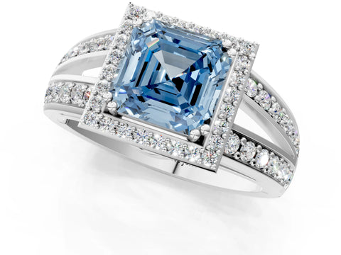 White gold Fancy Blue Asscher Cut Diamond Halo Ring with Split Shank Pavé Band and Four-Prong Setting_37