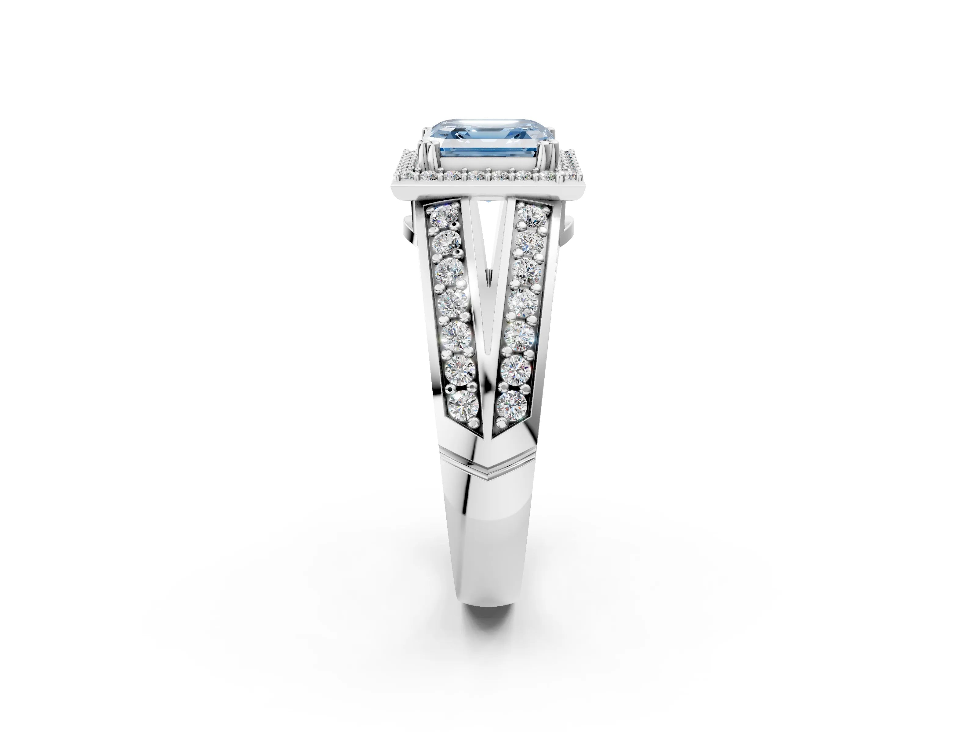 White gold Fancy Blue Asscher Cut Diamond Halo Ring with Split Shank Pavé Band and Four-Prong Setting_38