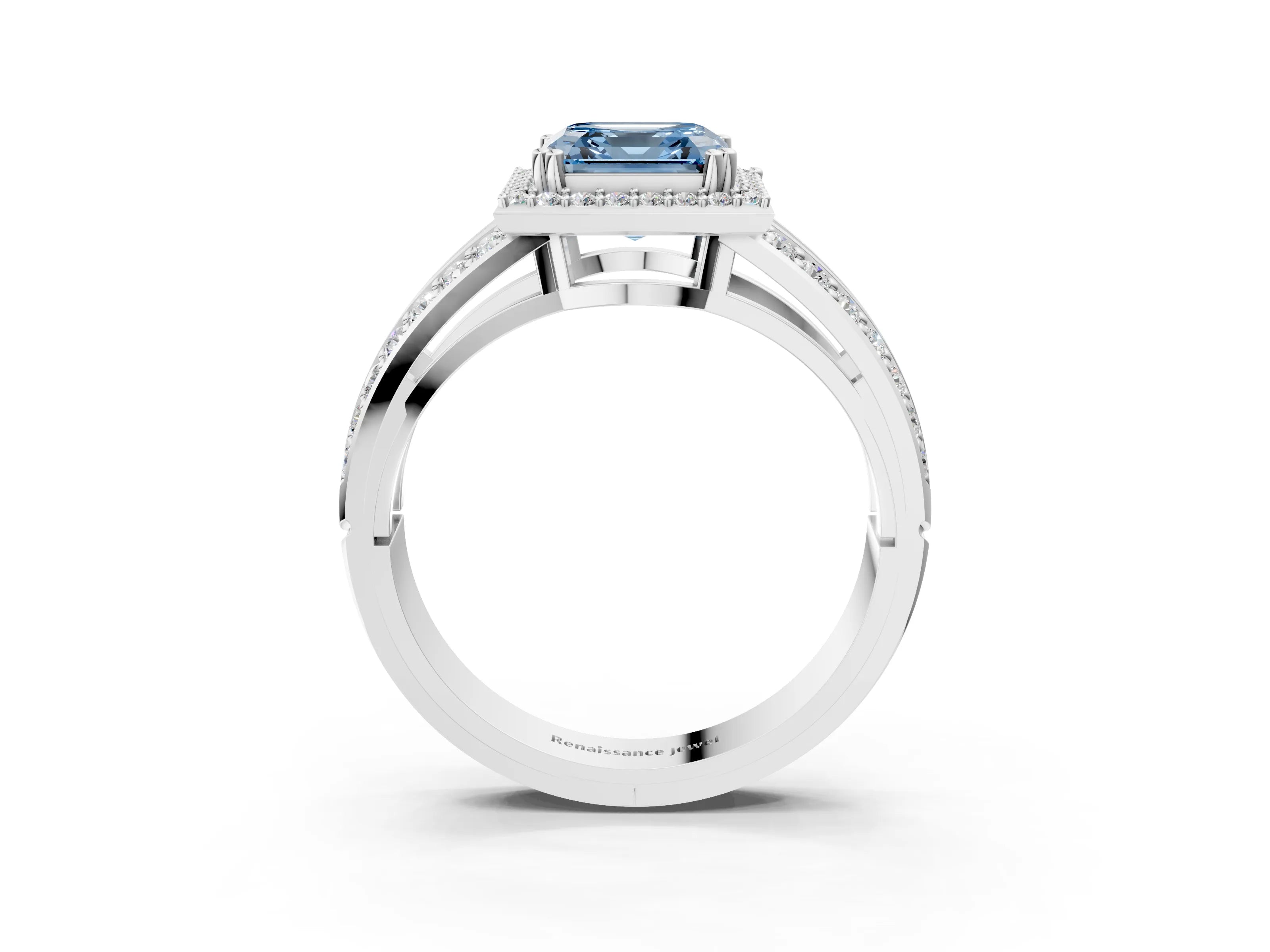 White gold Fancy Blue Asscher Cut Diamond Halo Ring with Split Shank Pavé Band and Four-Prong Setting_39